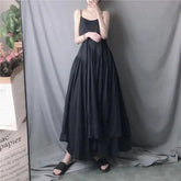 White Camis Dress Women Summer Korean Elegant Irregular Black Long Beach Dress Vintage Loose Solid All Match A Line Dress voguable