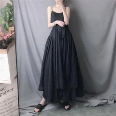 White Camis Dress Women Summer Korean Elegant Irregular Black Long Beach Dress Vintage Loose Solid All Match A Line Dress voguable