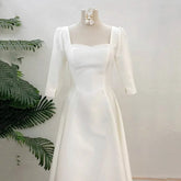 Voguable White A Line Formal Evening Dress Simple Wedding Dresses With Short Sleeve Elegant Floor-length Satin Bridal Dress Customized voguable