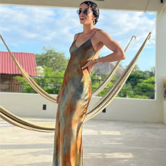 Fashion V-neck Satin Party Dress Vacation Beach Slim Women Long Dress Tie Dye Printing Streetwear Summer Slip Dresses 2025 New voguable