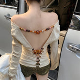 Voguable Streetwear Backless Wooden Beaded Sexy Long-sleeved T-shirt Women 2024 Summer New Off-the-shoulder Solid Color All Match Tops voguable