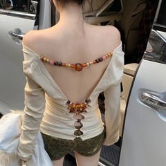 Voguable Streetwear Backless Wooden Beaded Sexy Long-sleeved T-shirt Women 2024 Summer New Off-the-shoulder Solid Color All Match Tops voguable