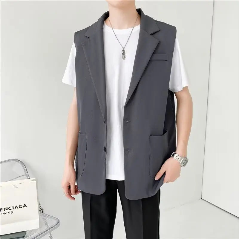 Grey Black Suit Vest Men Fashion Social Mens Dress Vest Korean Loose Sleeveless Blazer Mens Jacket Office Formal Vest M-2XL voguable