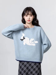 Cartoon Cat Print Kawaii Sweaters Women Sweet Bow Long Sleeve Cute Knitted Jumper Vintage Japan O Neck Casual Loose Pullovers voguable