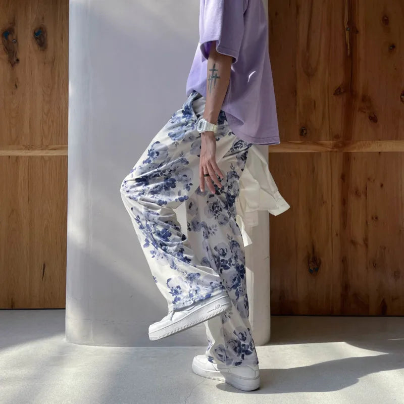 Summer Flower Pants Men Oversized Printed Wide Leg Pants Men Streetwear Korean Loose Straight Casual Pants Mens Trousers M-3XL voguable