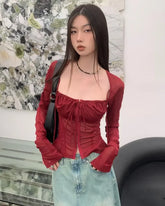 Voguable Burgundy Mesh Tops Long Sleeve Lace Up Square Collar T Shirt Women Crop Top Spring Summer Grunge Y2k Chic Tops Streetwear voguable