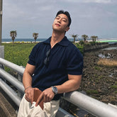 Men's Clothing Luxury Korean Popular Hollow Out Polo Shirt Leisure V Neck Short Sleeve Solid Color Retro Streetwear Knitwear voguable