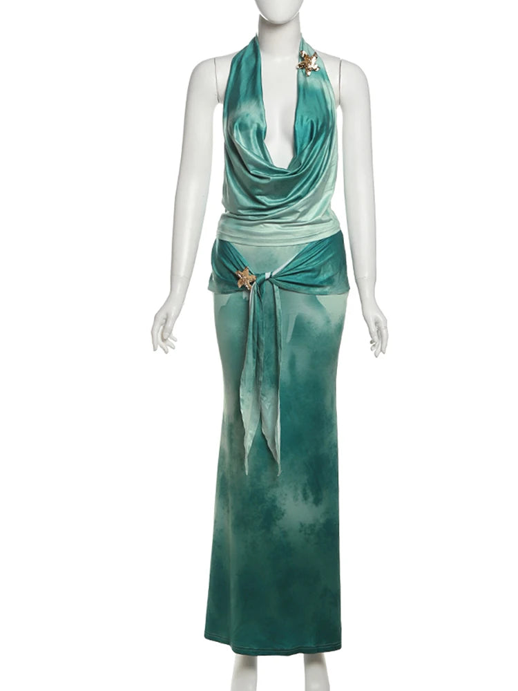 Gradient 2 Piece Set Women Starfish Swing Collar Halter Backless Tops+Sash Skirts Beach Vacation Midnight Clubwear voguable