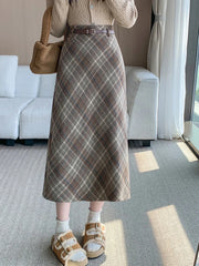 Faux Woolen Plaid Long Skirt Women Vintage Slim High Waist Back Slit Belt Skirts Korean Fall Winter Elegant Long Skirts New voguable