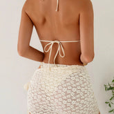 Voguable 3Pcs Lace Bikini Set with Sarong Cover Up Halter Bikinis Triangle Swimwear Women's Floral Textured Beachwear Bathing Suit voguable
