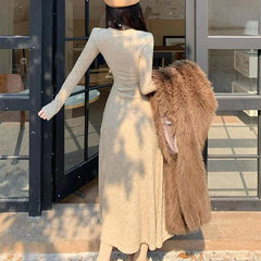 Long Sleeve Dress Women Solid Slim Knit Basic Midi Dress Autumn Winter Elegant All Match Vestidos Female Defined Waist New voguable