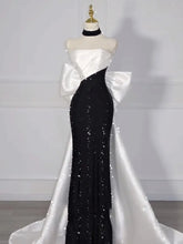Voguable Customized Simple Large Bow Evening Dress Off-Shoulder Prom Sequins Dress Black and White Contrast Satin Party Wedding Dresses voguable