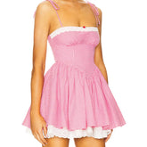 Sexy Spaghetti Straps pink Plaid Mini Dress Women Embroidery Lace Spliced Elegant A-line Summer Dresses Party Robe 2025 voguable