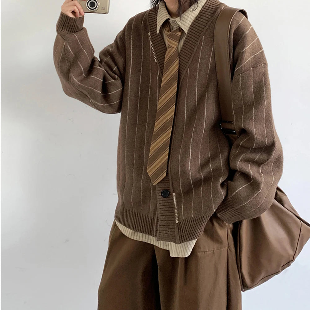 Voguable Autumn Winter American Vintage Striped Cardigan For Men Women Korean Popular Clothes Casual Trendy Knitwear Kpop Couple Sweater voguable