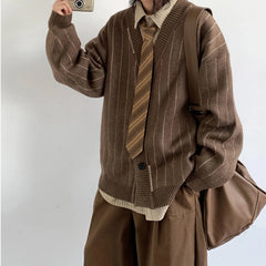 Voguable Autumn Winter American Vintage Striped Cardigan For Men Women Korean Popular Clothes Casual Trendy Knitwear Kpop Couple Sweater voguable