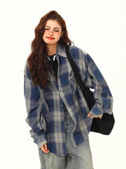 Streetwear American Plaid Shirt Women Oversize Loose Vintage Long Sleeve Blouse Hip Hop Casual Retro Harajuku Bf Pockets Tops voguable