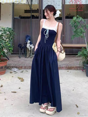 Lace Patchwork Bandage Dress for Women Y2K Summer Elegant Slim Navy Midi Dress Sweet Preppy Sleeveless A Line Vestidos Mujer New voguable