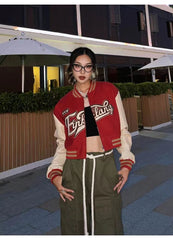 Voguable Pu Leather Letter Print Zipper Long Sleeve Loose Patchwork Jacket Autumn Winter Women Streetwear Outfits Y2K voguable