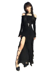 Voguable Black Slash Neck Party Dresses Elegant Fashion Ruffled Side Slit Slim Long Dress Off Shoulder Women Vacation vestidos voguable