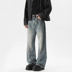 Summer Men's Denim Pants Old Blue Washed Male Jeans Straight fleck Casual Menwear Loose Wide Leg Trousers 2024 New Fashion voguable