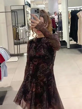 Voguable Printed Mesh Pleated Mini Dress Women Evening Gown Long Sleeve O-neck Chic Dresses Female Street Autumn Lined Holiday Robe voguable