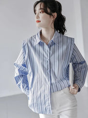 Voguable Elegant Chic Women Striped Shirt Casual Loose Design Blouse Korean Fashion Long Sleeve Simple All Match Office Lady Tops voguable