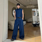Voguable 2024 Spring Trendy High Street Stand Neck Sleeveless Vest Korean Loose Straight Jeans Men's Two-piece Sets Denim voguable