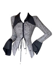 Fall Women Dark Academia Y2k Streetwear Gyaru Contrast Color Long Sleeve Lapel T-Shirt Gyaru Design 2000s Aesthetic Grunge Top voguable