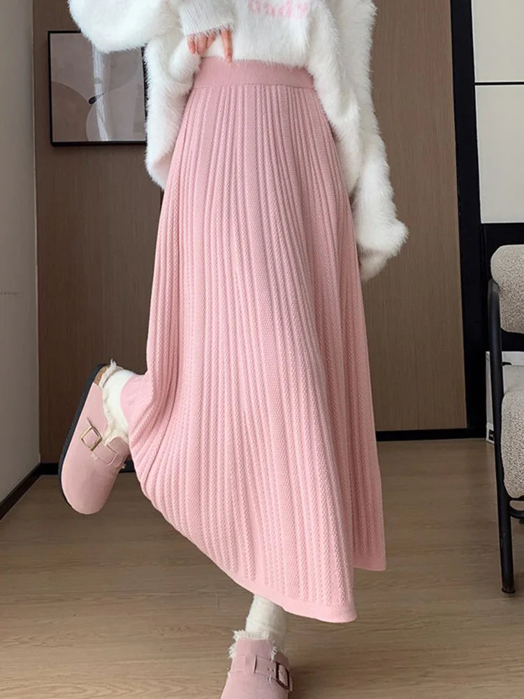 Sweet Vintage Knitted Long Skirts Women Preppy Style High Waist Loose A Line Skirts Fall Winter Retro Simple Elegant Long Skirts voguable