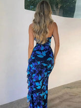 Sexy Lace Up Hollow Backless Split Print Dress Fashion Women Bandage Ruffles Hem Maxi Vestidos Halter Sleeveless Club Beach Robe voguable