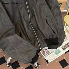 American Double Zipper Jacket Men's Hip Hop Simple Varsity Jacket Loose Fake Two Piece Hooded Outdated PU Leather Coat voguable