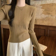 O Neck Knitted Sweater Women Korean Slim Long Sleeve Casual Crop Pullover Autumn Solid Simple All Match Sweater Female New voguable