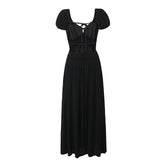 YENKYE Summer Women Sexy Backless Long Dress Vintage Puff Sleeve Elastic Waist Female Holiday Party Robe Black White voguable