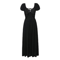 YENKYE Summer Women Sexy Backless Long Dress Vintage Puff Sleeve Elastic Waist Female Holiday Party Robe Black White voguable