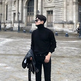 Autumn High Neck Sweater Men Warm Black White Slim Knit Pullover Men Korean Casual Long Sleeved Sweater Mens Jumper Clothes voguable