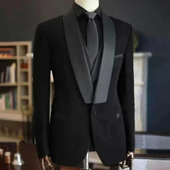 Voguable Men Suit 3 Pieces Jacket Vest Pant Black With Bright Lapel Single Button For Wedding Banquet Party Prom Business Work Daily voguable