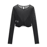 Voguable Spring 2024 Women Sexy Semi-sheer Patchwork Mesh T Shirt Long Sleeve O Neck Black Tee Summer Crop Top voguable