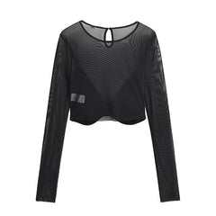 Voguable Spring 2024 Women Sexy Semi-sheer Patchwork Mesh T Shirt Long Sleeve O Neck Black Tee Summer Crop Top voguable