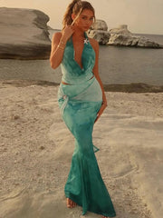 Gradient 2 Piece Set Women Starfish Swing Collar Halter Backless Tops+Sash Skirts Beach Vacation Midnight Clubwear voguable