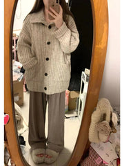 Slouchy Knit Cardigan for Women Rib-knit Pockets Front High Neck Button Up Sweater Jacket Coat Female Autumn Winter Basic Outfit voguable