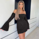 Women's Vintage Lace Ruffles Mini Dress Long Sleeve Textured Tight Hip Wrap Dress Elegant Bow Embellished Dress