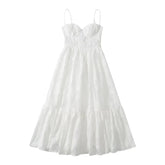 YENKYE Summer Women Jacquard Spaghetti Strap Holiday Party Dresses Sexy Fit and Flare Midi Dress Female Lace Up Bandage Robe voguable