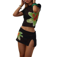 y2k Outfits 2 Piece Set Women Floral Print Short Sleeve Tank Top and Short Skirt 2000s Aesthetic Clothing Streetwear voguable