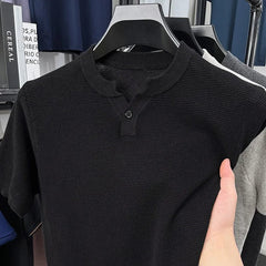 New Men Luxury Chinese O Collar T-Shirt Leisure Slim Button-down Solid Color Short Sleeve Tops Summer Breathable Basic Knitwear voguable