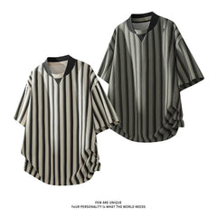 Tshirt Men Baseball Collar Loose Fit Breathable StripedCasual Comfortable Summer Tee Top Fashion Streetwear Apparel Clothing voguable