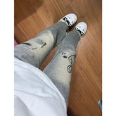 Voguable Japanese Subculture Note Printed Jeans Street Retro Harajuku Wide Leg Pants Women's High Waist Fashion Furred Design Cargo Pants voguable