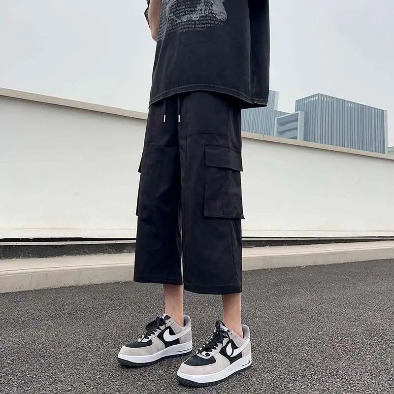 Summer Casual Pants Men Fashion Pocket Cargo Pants Men Japanese Streetwear Hip-hop Loose Wide Leg Pants Mens Cropped Pants voguable