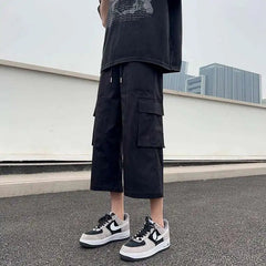Summer Casual Pants Men Fashion Pocket Cargo Pants Men Japanese Streetwear Hip-hop Loose Wide Leg Pants Mens Cropped Pants voguable