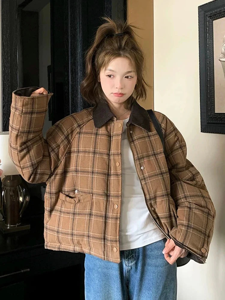 Warm Vintage Plaid Parkas Women Loose Long Sleeve Winter Thick Cotton Coat Korean Casual Pockets Cute Sweet Jacket Tops New voguable
