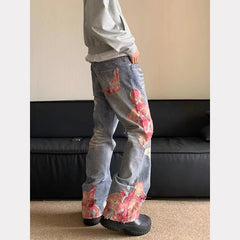 Hip Hop Ripped Wide Leg Trousers American Autumn men's casual jeans Y2K washed distressed High Waist Baggy Straight demin pants voguable